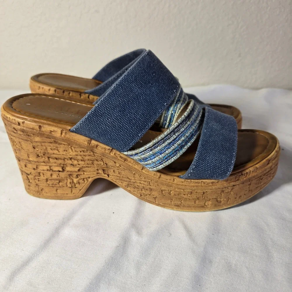 Italian Shoemakers Womens Blue Canvas Cork Platform Wedge Sandals Size 8 Italy
